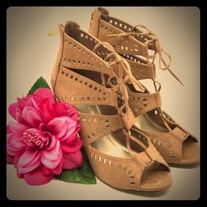 X•Appeal Camel Colored Suede Cage Heels size 10